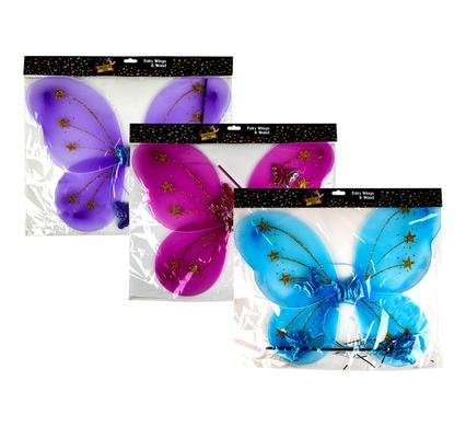 Dress up wings fairy & wand 3 col asstd